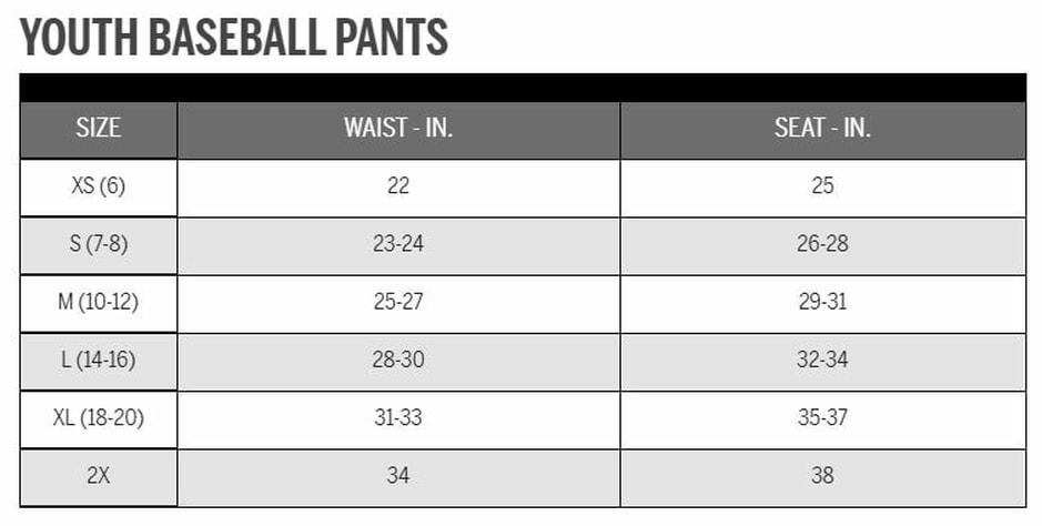 Softball Uniform Pants Size Chart